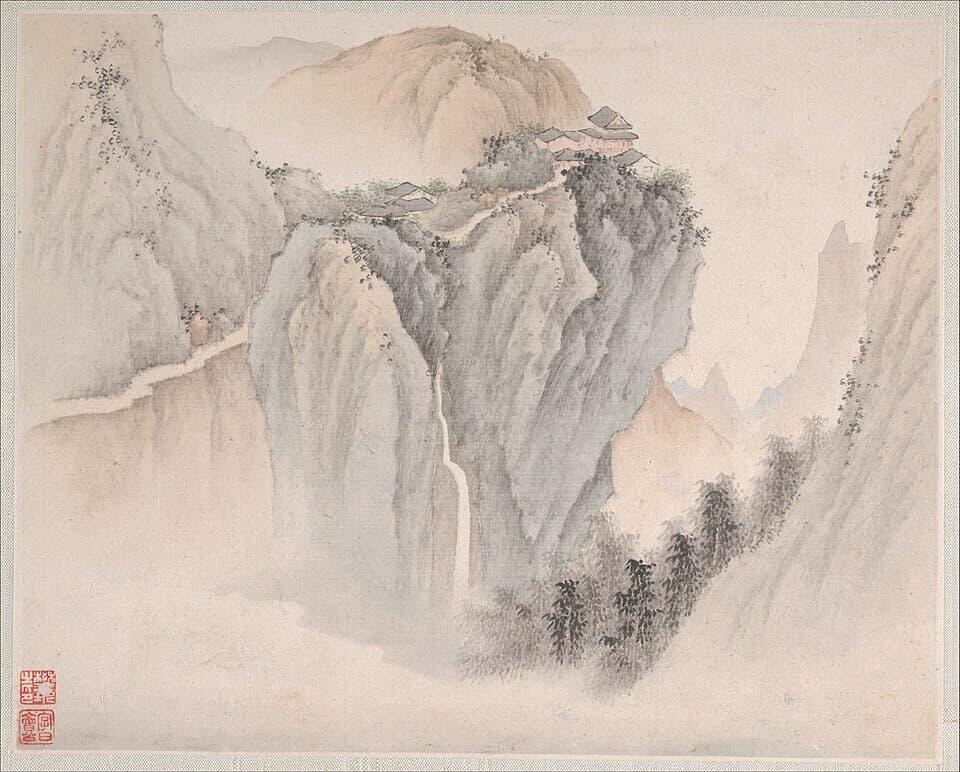 墨で描かれた山と滝の水墨画