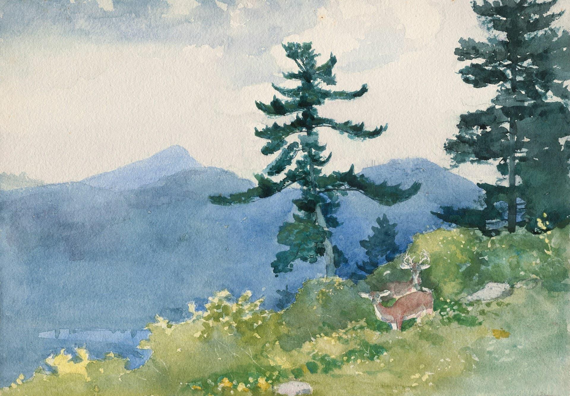 山と湖を描いた透明水彩の風景画