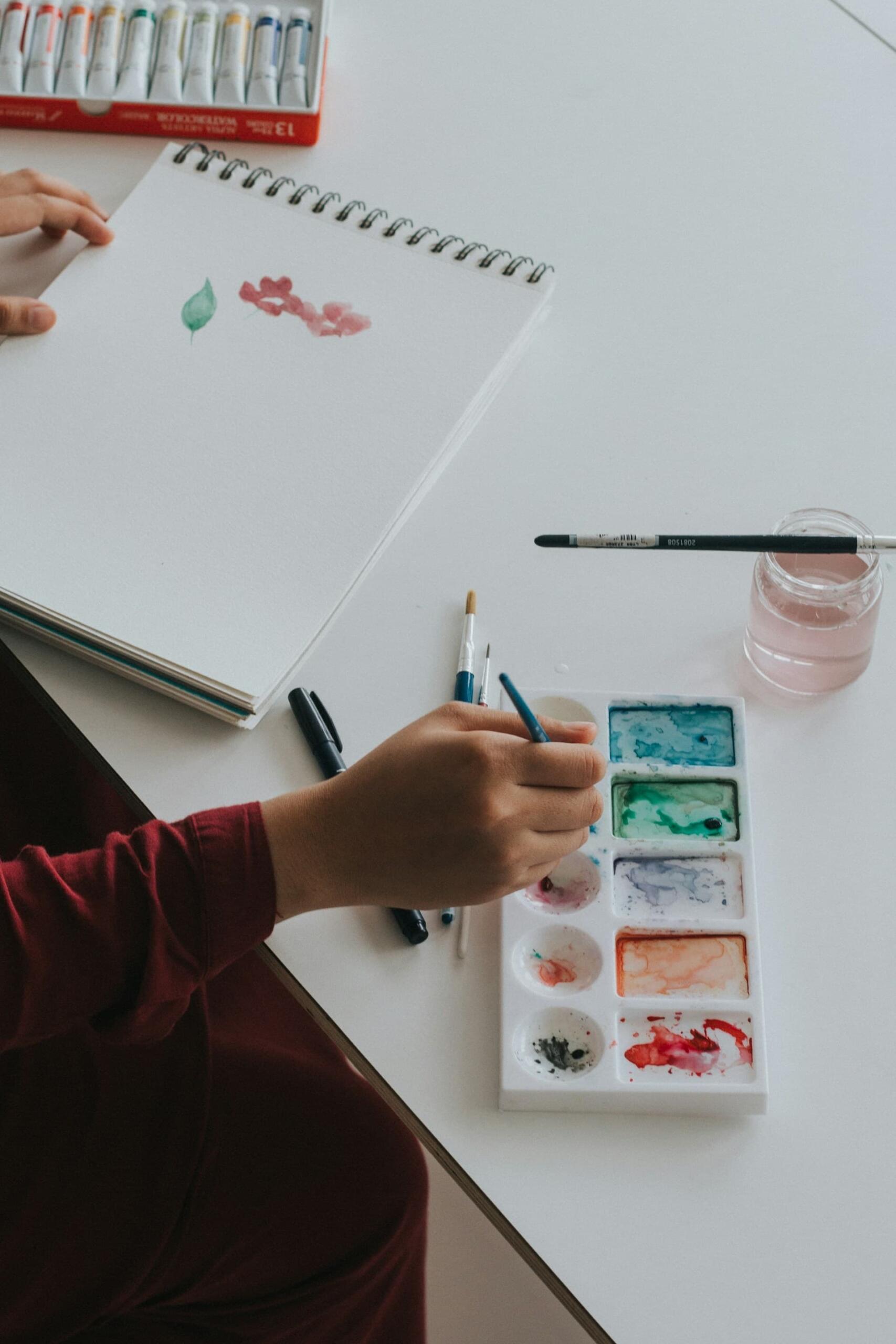 水彩絵の具とパレットで絵を描く手元