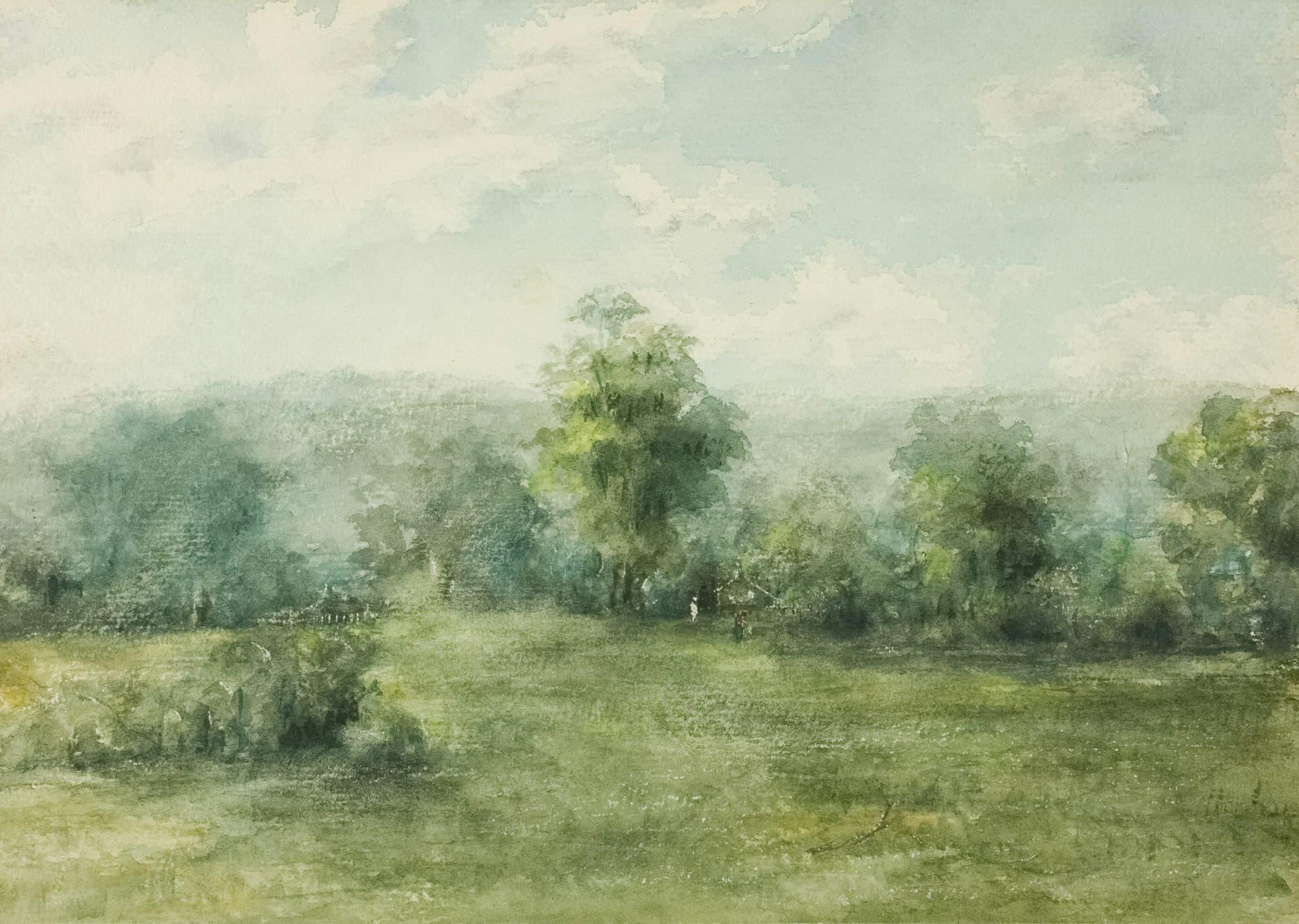 木立とにじみで描いた水彩の草原風景