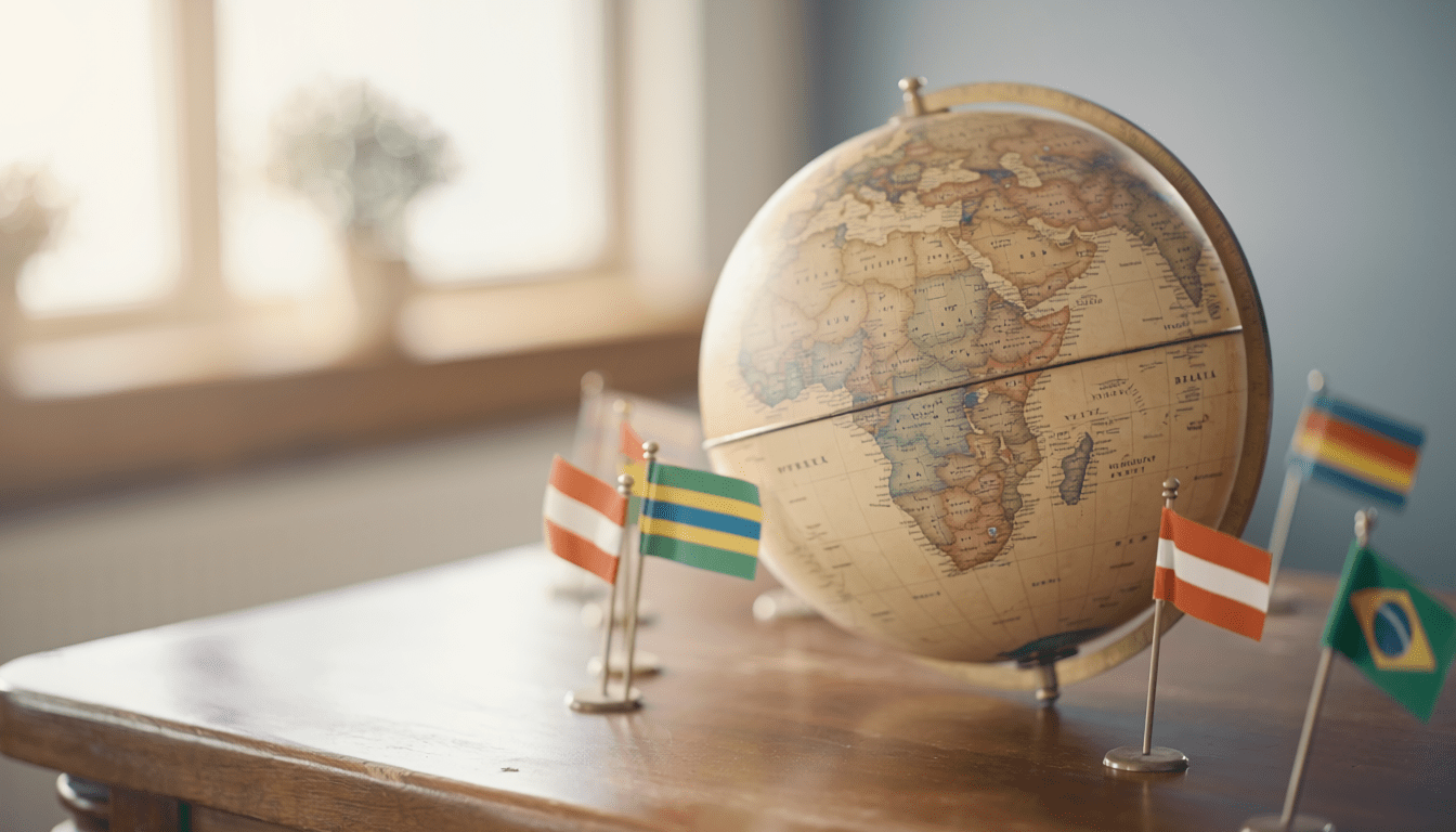 ポルトガル語を使う国を示す地球儀と国旗