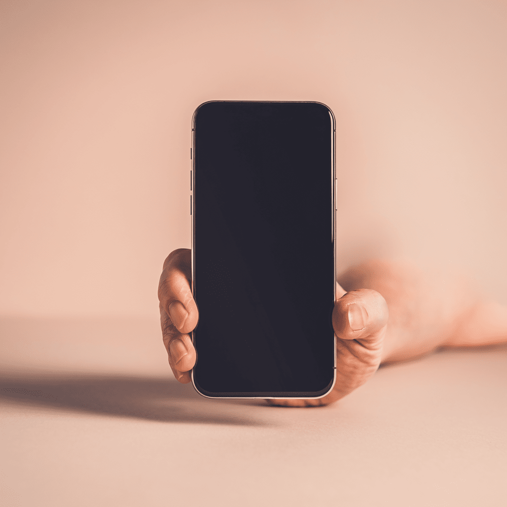 手に持ったスマートフォンのクローズアップ