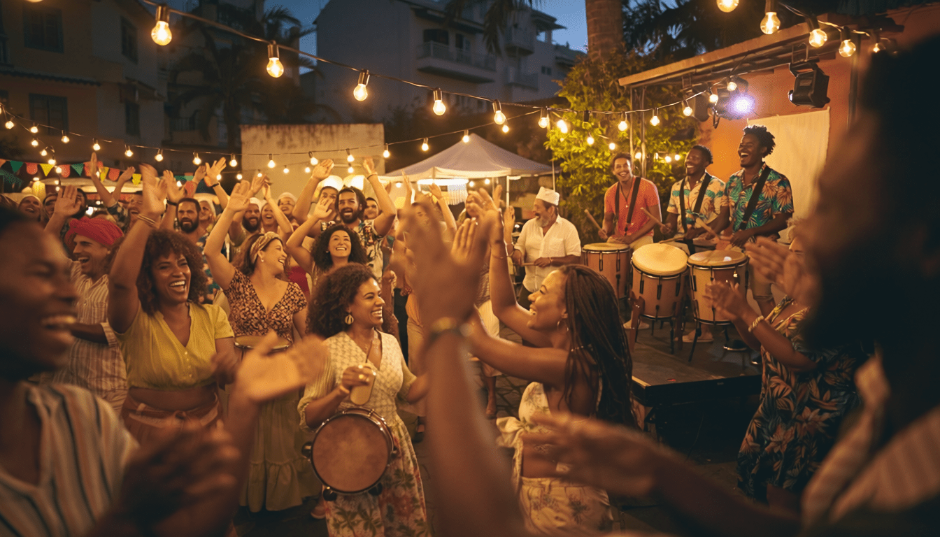 屋外ライブでブラジル音楽を楽しむ人々