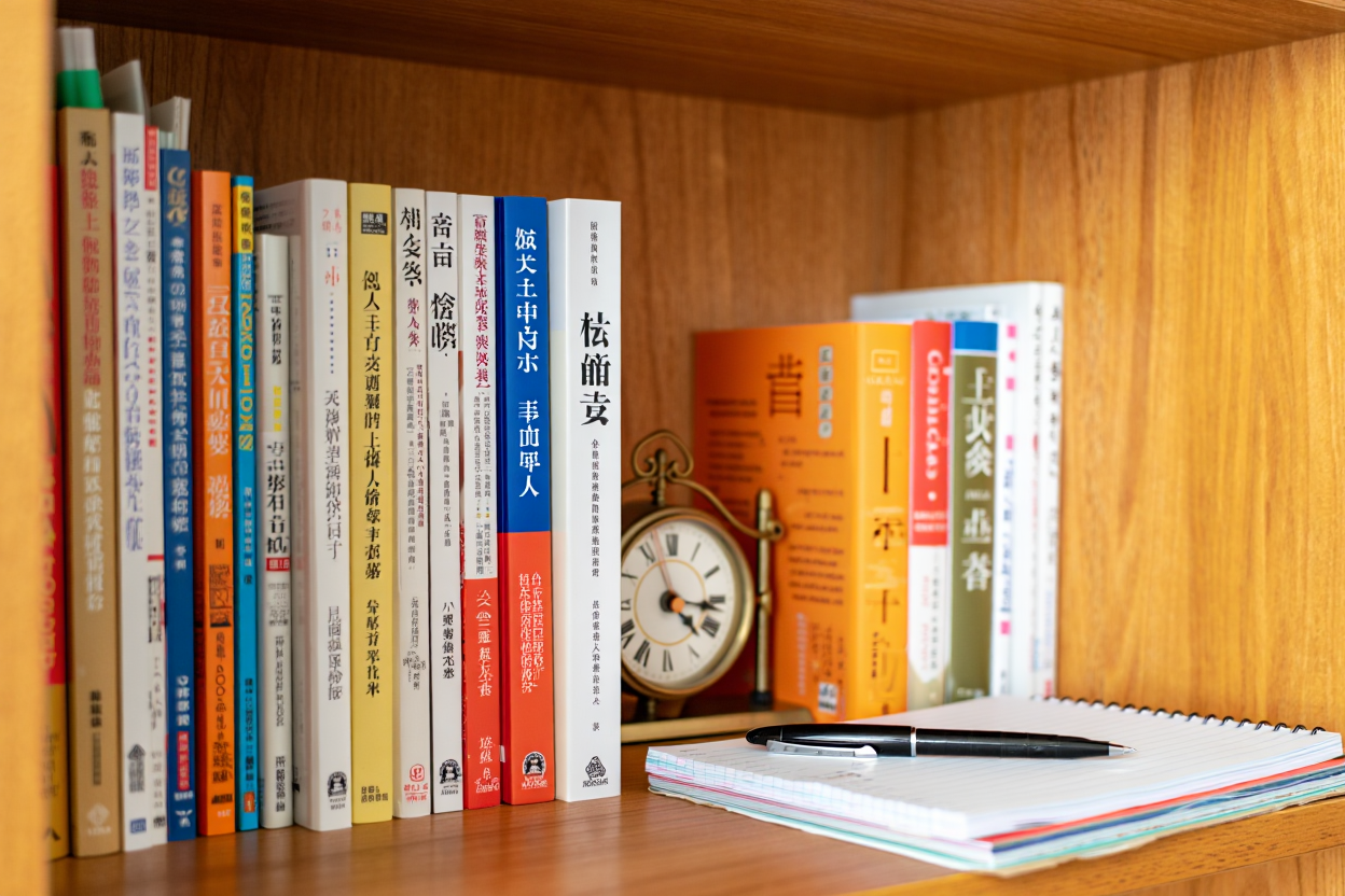 中国語のレベルチェックに向けた参考書やノートが並ぶ本棚