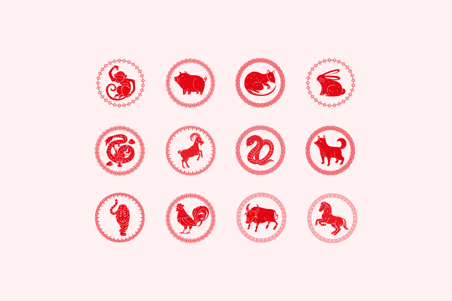 中国の干支(十二生肖)の12種類の動物一覧イラスト