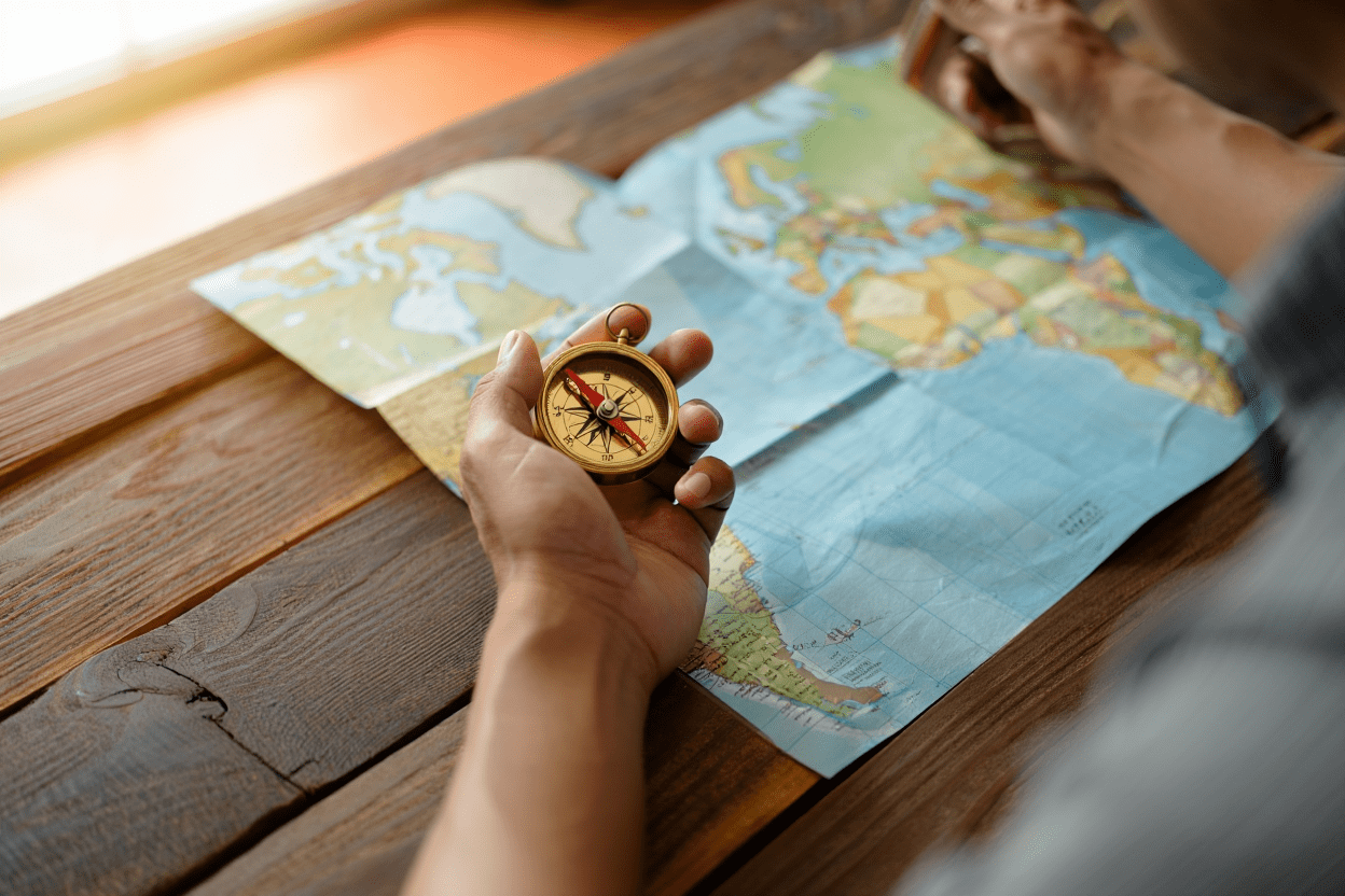 地図とコンパスを用いて現在の英語のレベルという目的地を確認する様子