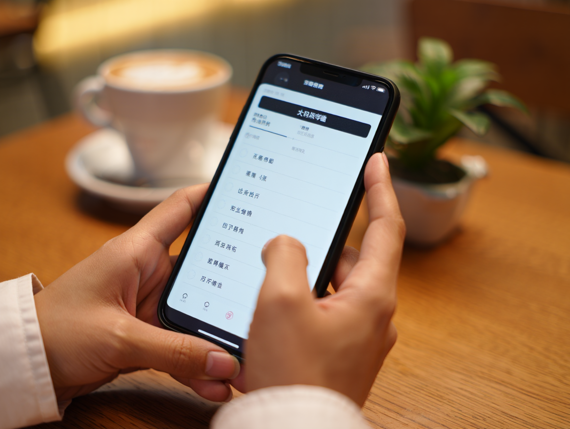 カフェでスマートフォンを使い中国語のレベル診断テストを受ける様子
