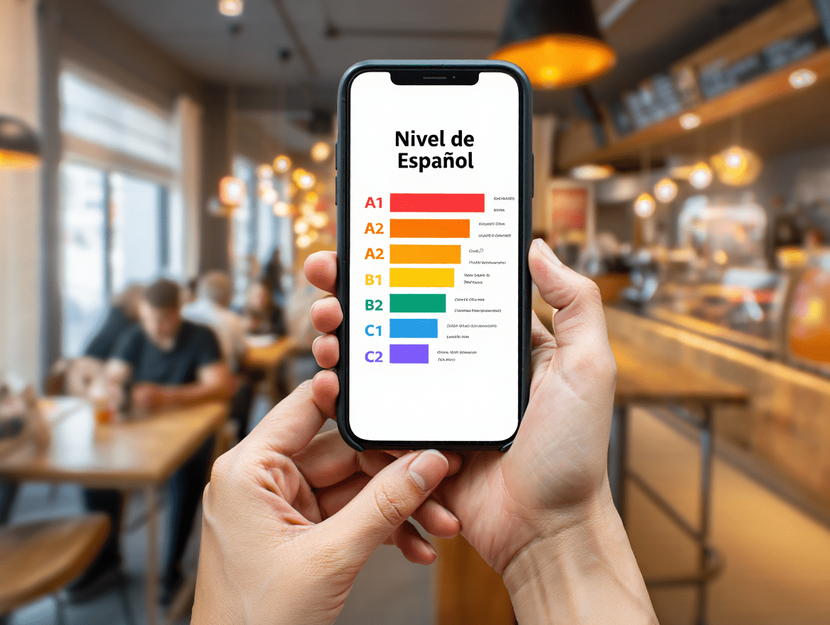 スマートフォンのアプリ画面でスペイン語の習得レベルを確認する様子