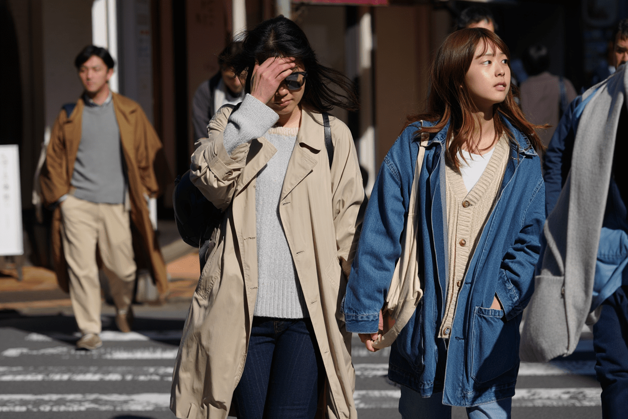 街角, 春の装いで行き交う人々