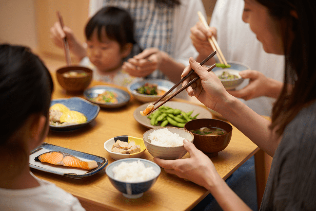 日本の家庭で家族が食卓を囲み、夕食をとっている様子。