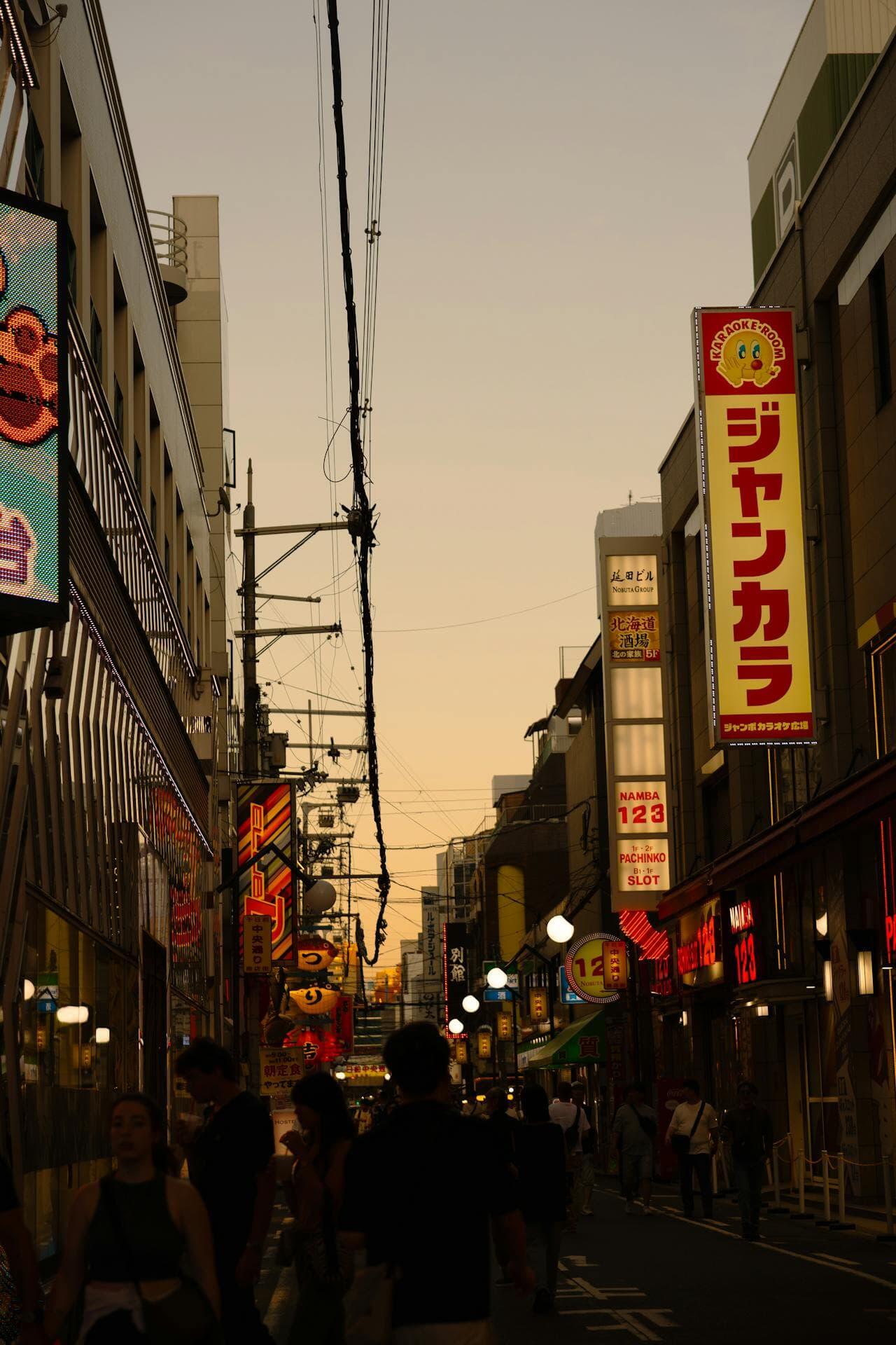 大阪の繁華街に並ぶカラオケ店の看板