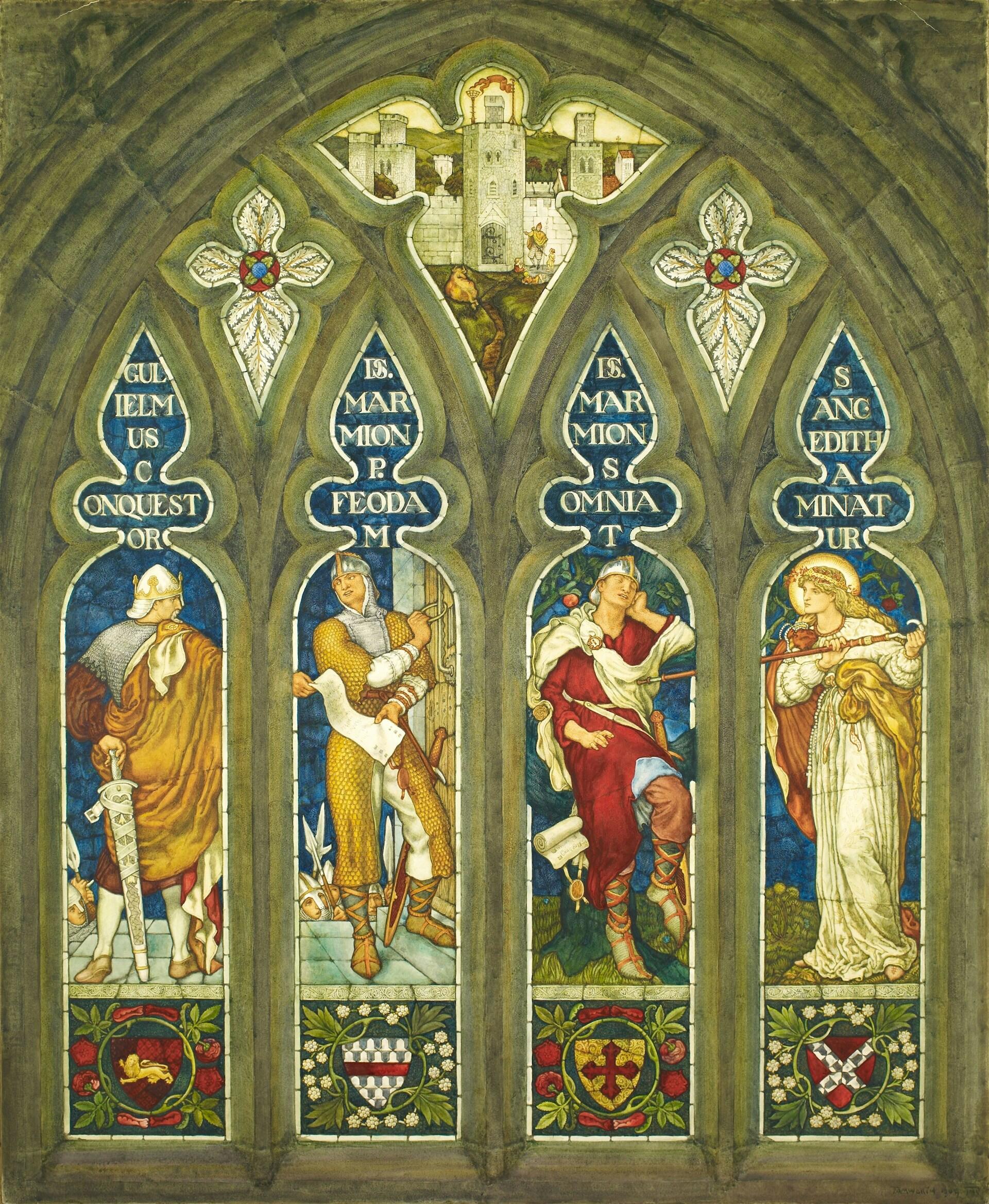 Vilhelmas Užkariautojas pavaizduotas ant piešinių ant lango.