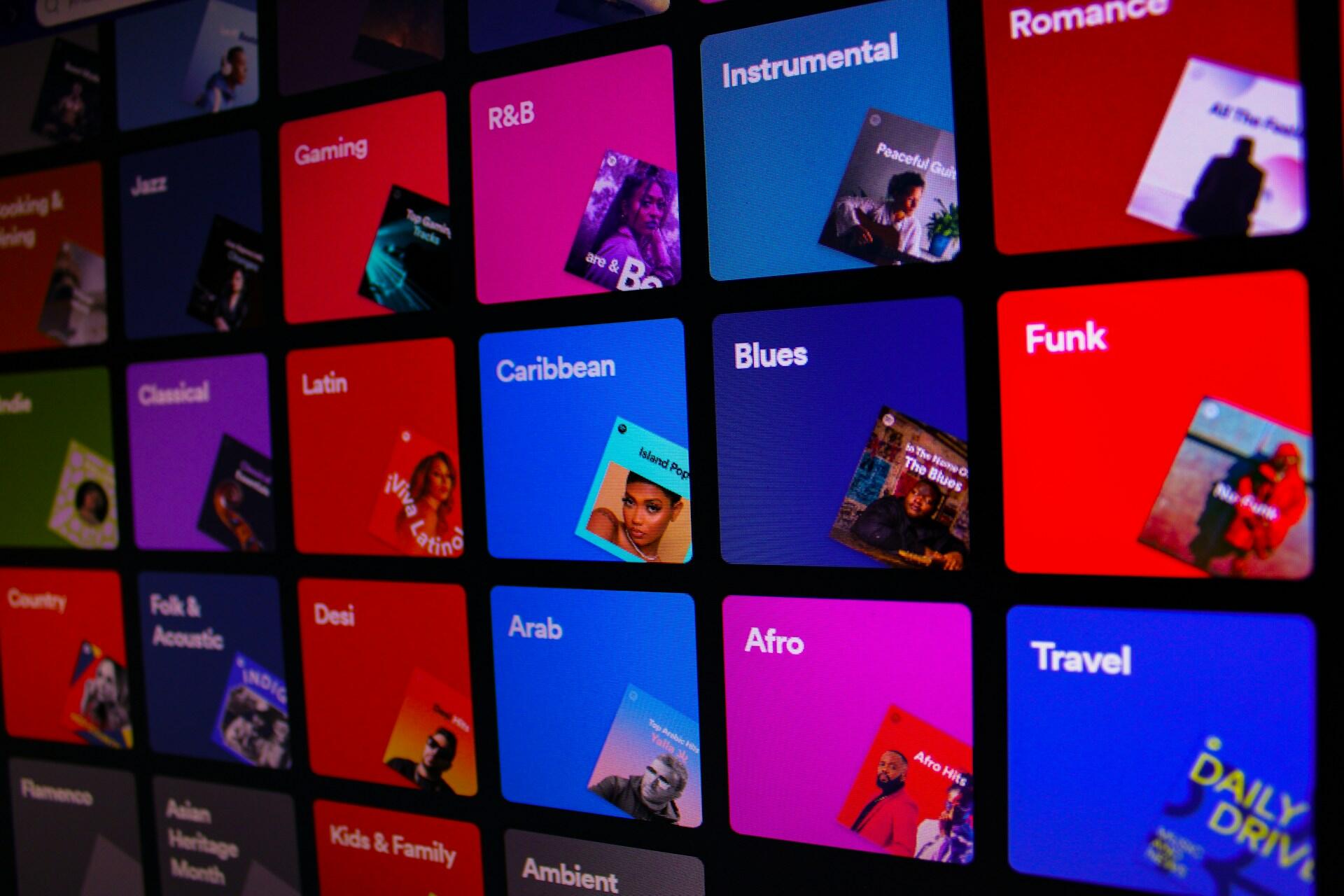 Spotify žanrų sąrašo ekrano nuotrauka. 