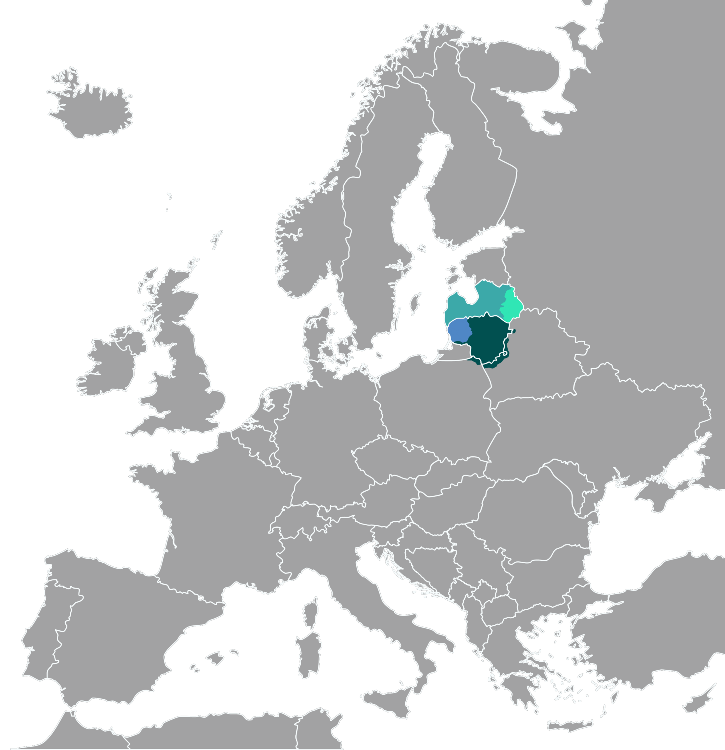 Europos žemėlapis su nuspalvintomis Lietuva ir Latvija
