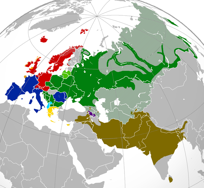 Žemėlapis su indoeuropiečių kalbos paplitimu.