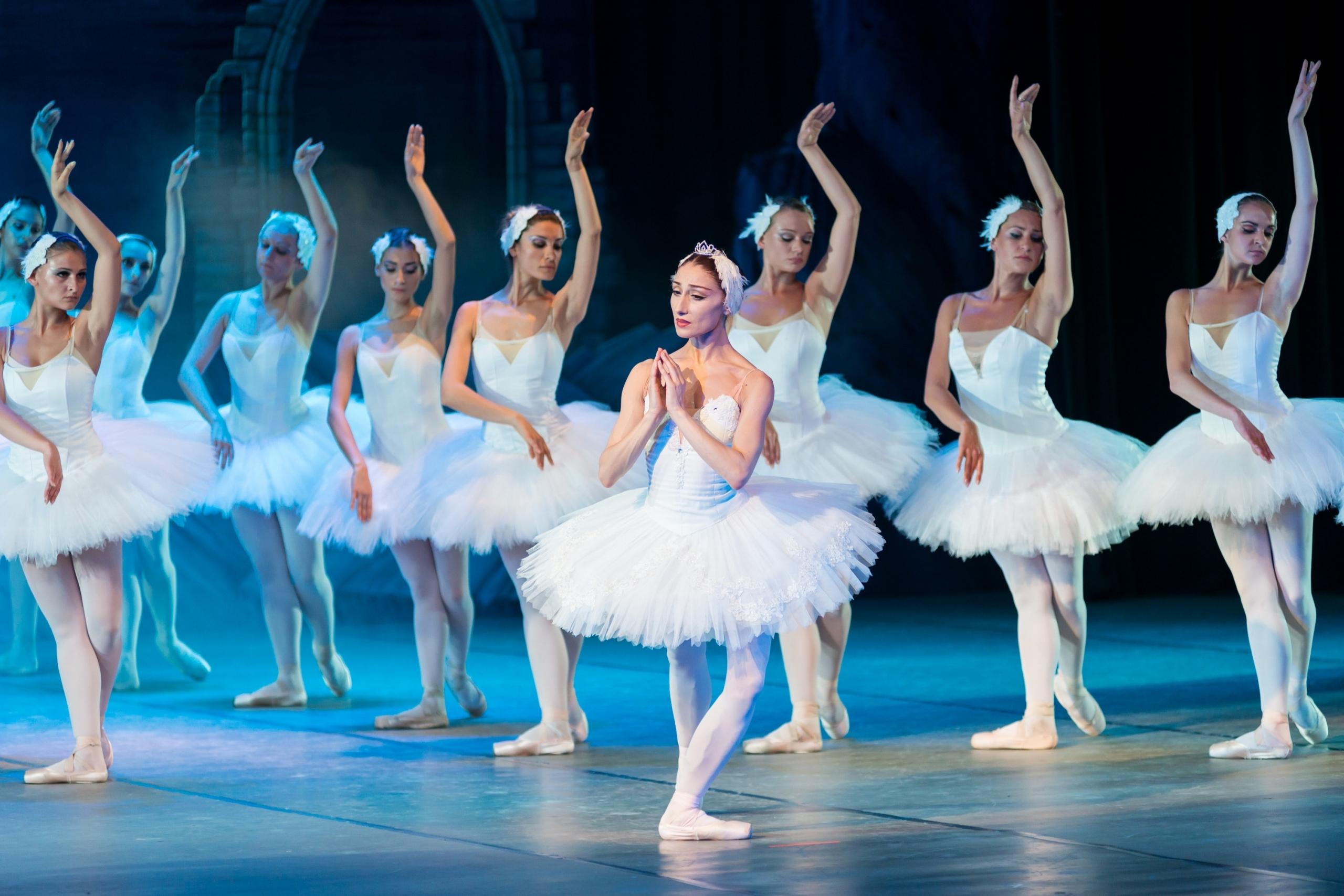 Sur scène, des danseuses en formation pour le ballet du Lac des Cygnes.