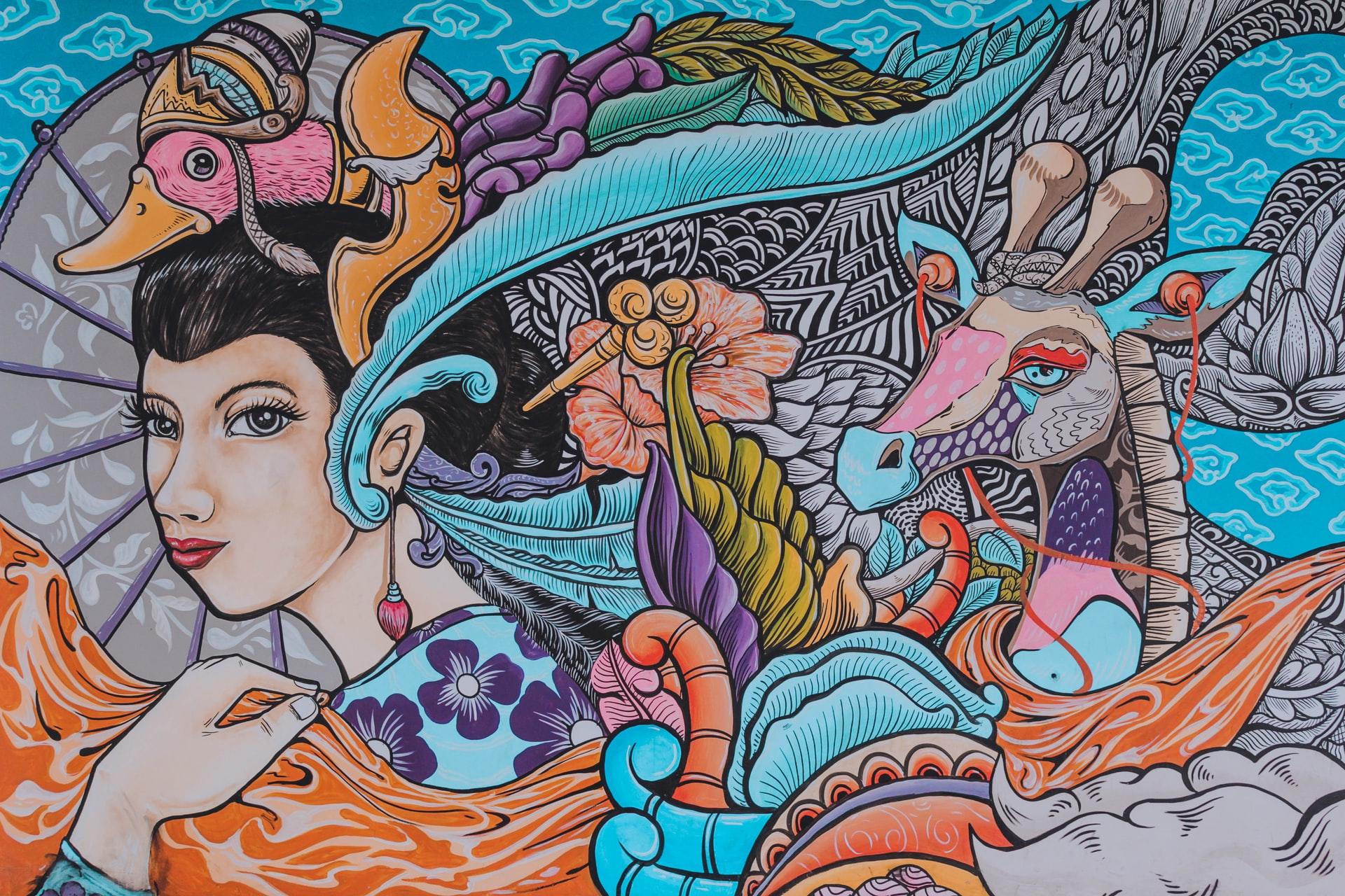 dessin coloré représentant une jeune femme et des animaux