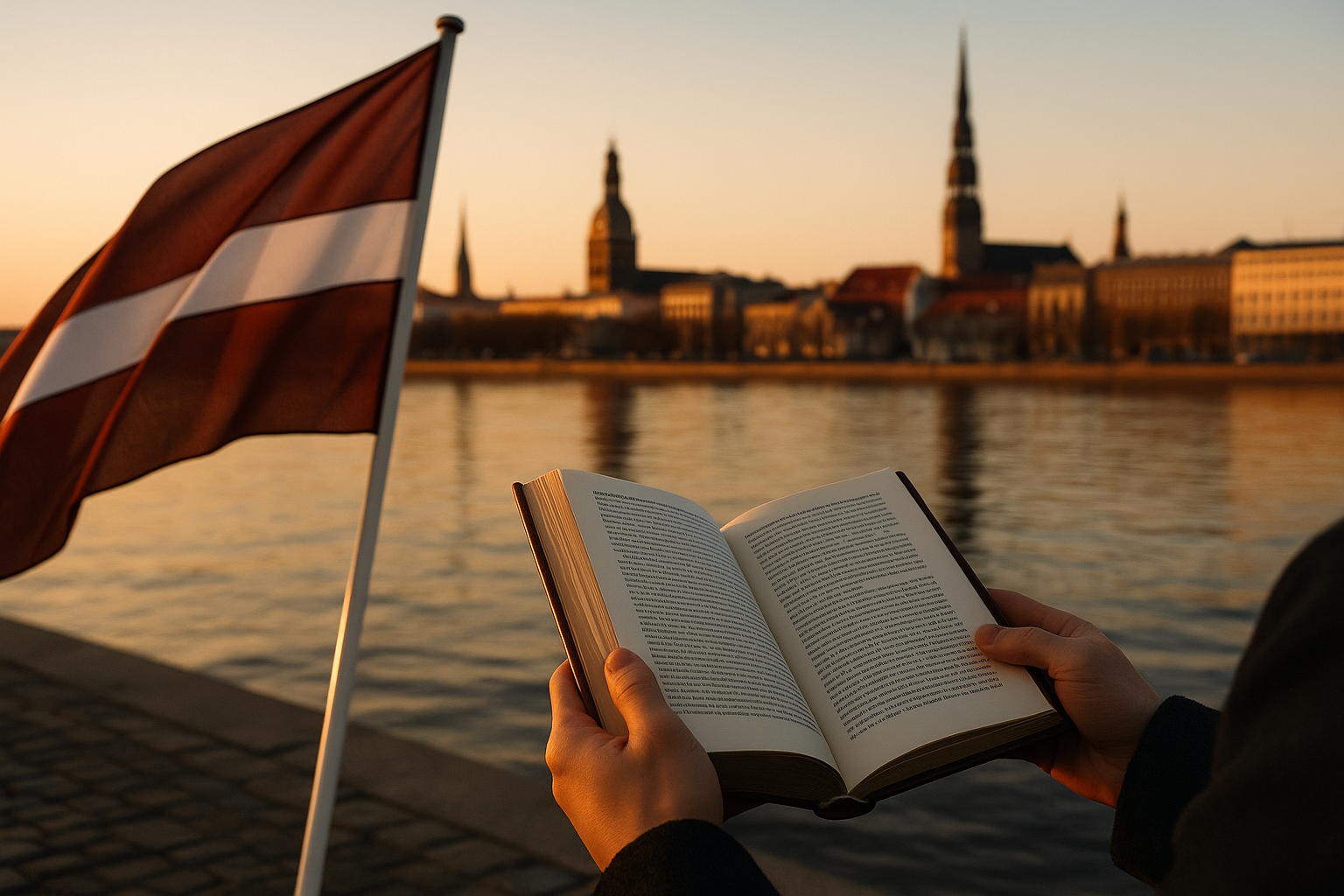 Latvijas karogs, grāmata un saulriets Daugavas krastā