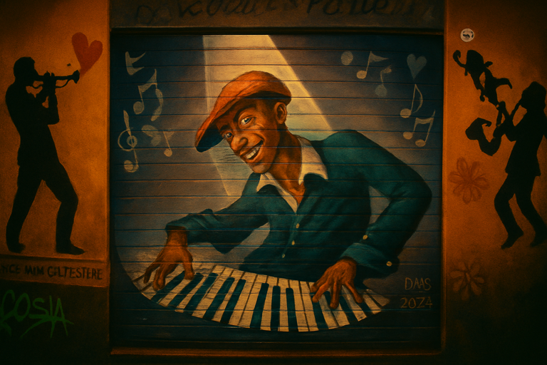 džeza pianista sienu gleznojums