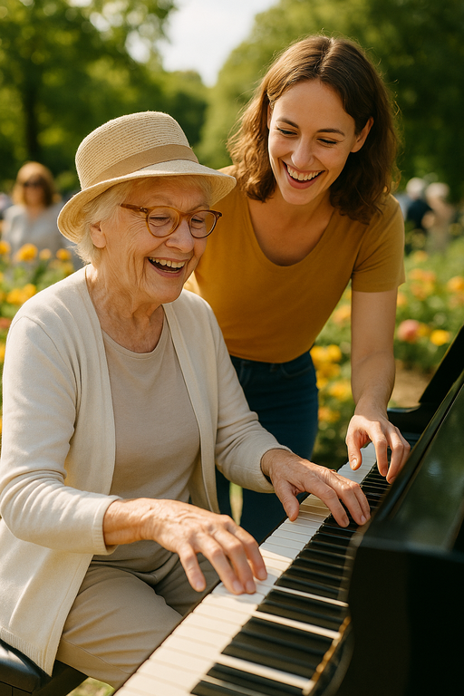 kundze mācās džeza klavierspēli dārza ballītē