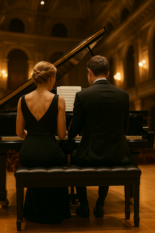 pāris uz skatuves pie klavierēm