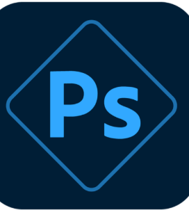 Adobe Photoshop logotips ar burtiem “Ps” uz tumši zilas ikonas fona.