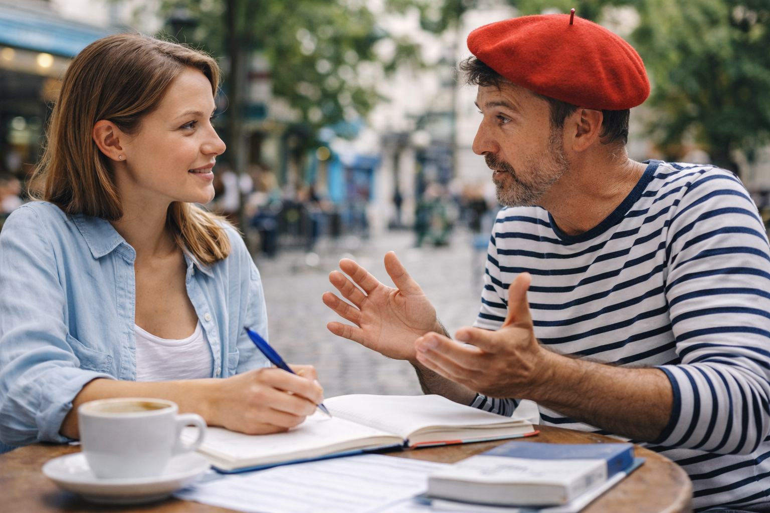 Franču valodas nodarbība uz kafejnīcas terases