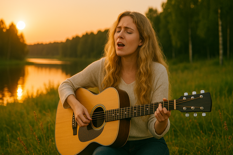 sieviete dzied un spēlē ģitāru