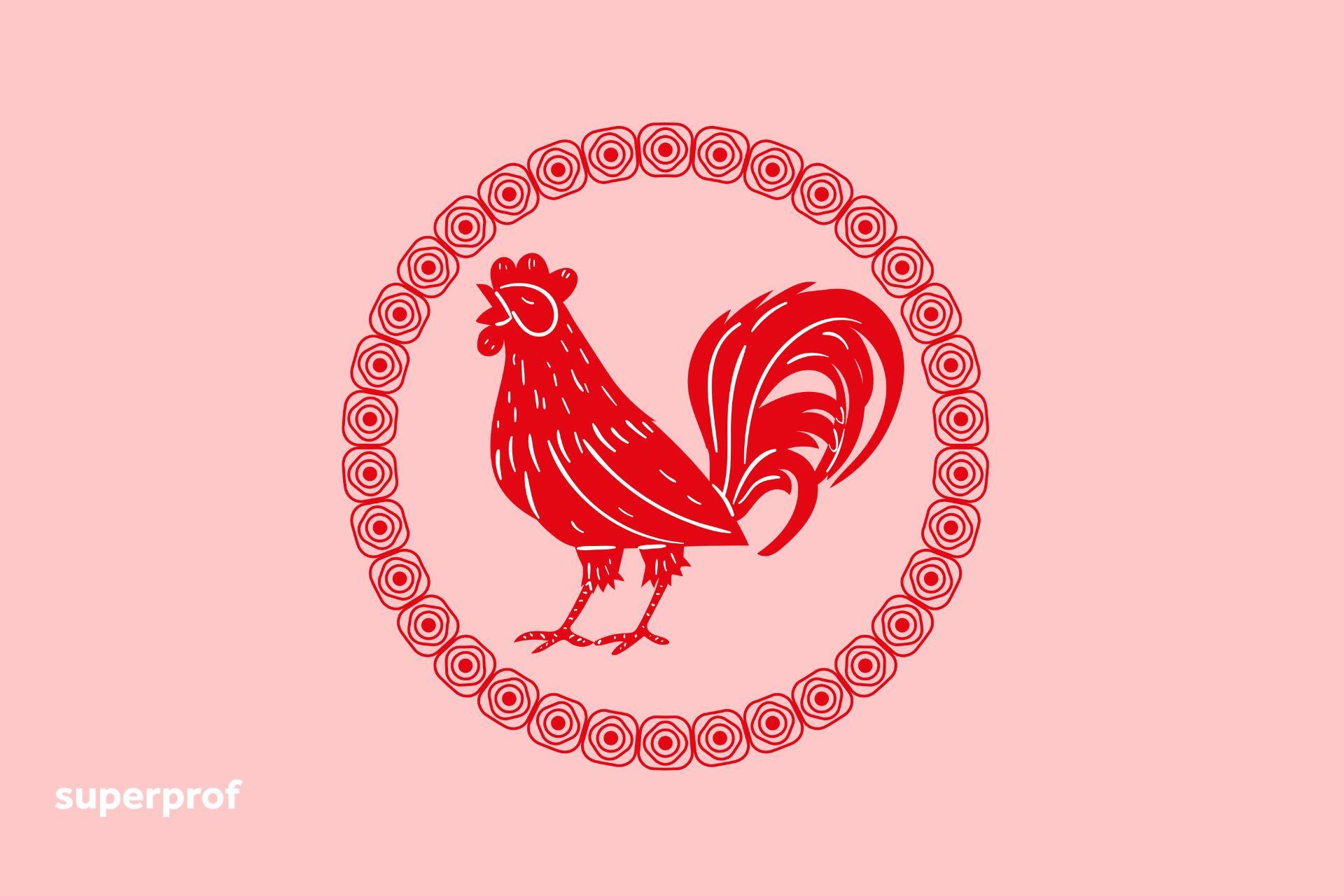 Sarkana, stilizēta Gaiļa ilustrācija.