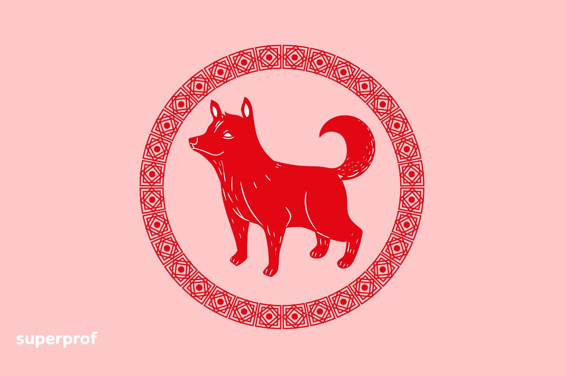 Sarkana, stilizēta Suņa ilustrācija.