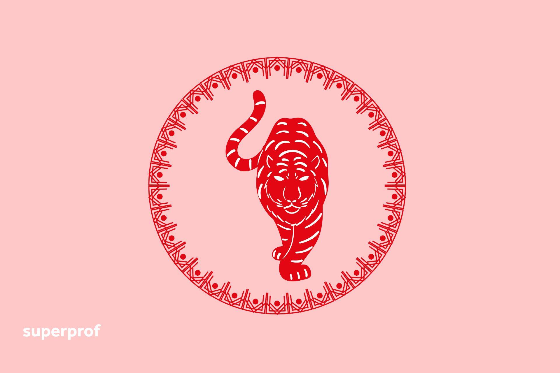 Sarkana, stilizēta Tīģera ilustrācija.