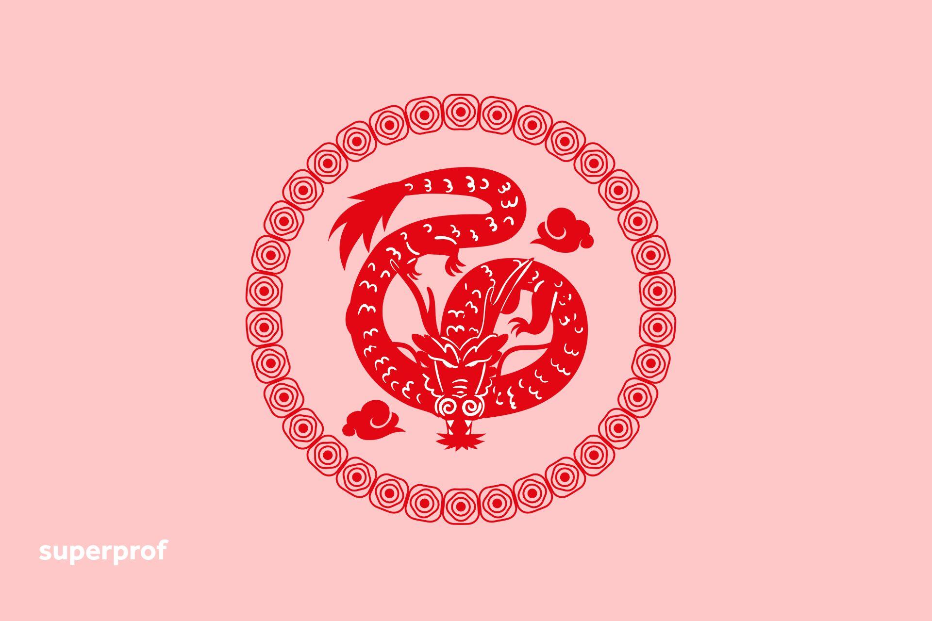 Sarkana, stilizēta Pūķa ilustrācija.