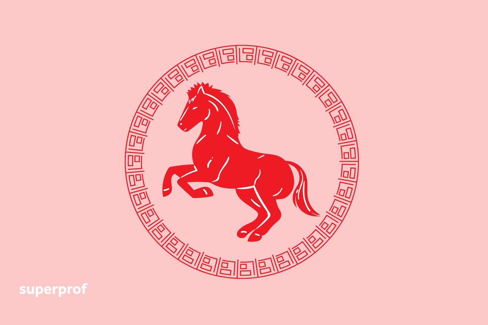 Sarkana, stilizēta Zirga ilustrācija.