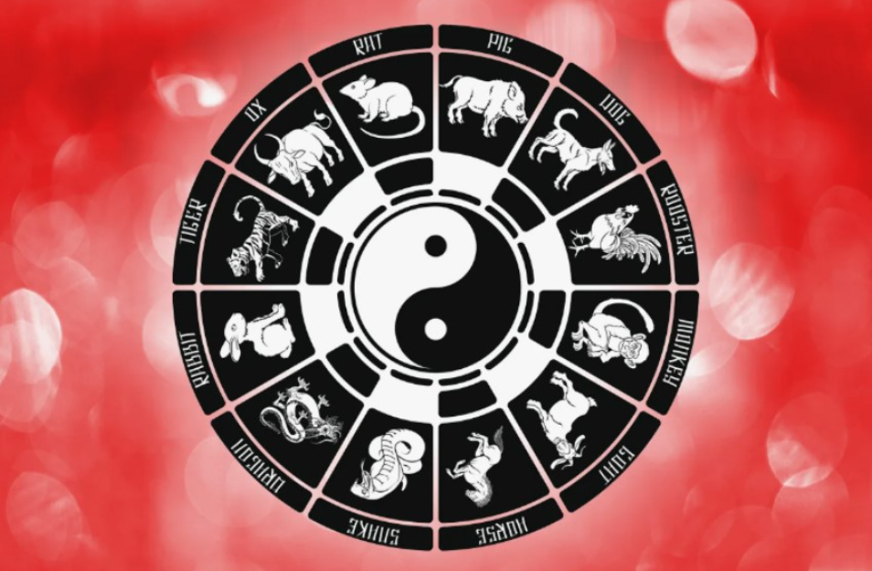 Ķīniešu zodiaka aplis ar jiņ un jaņ simbolu centrā.