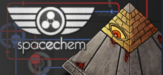 SpaceChem vizuālais noformējums ar stilizētu piramīdas motīvu.