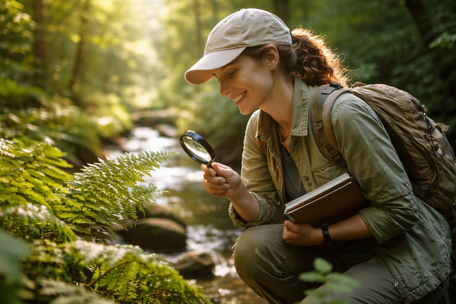 bioloģijas pētniece ar lupu aplūko papardes