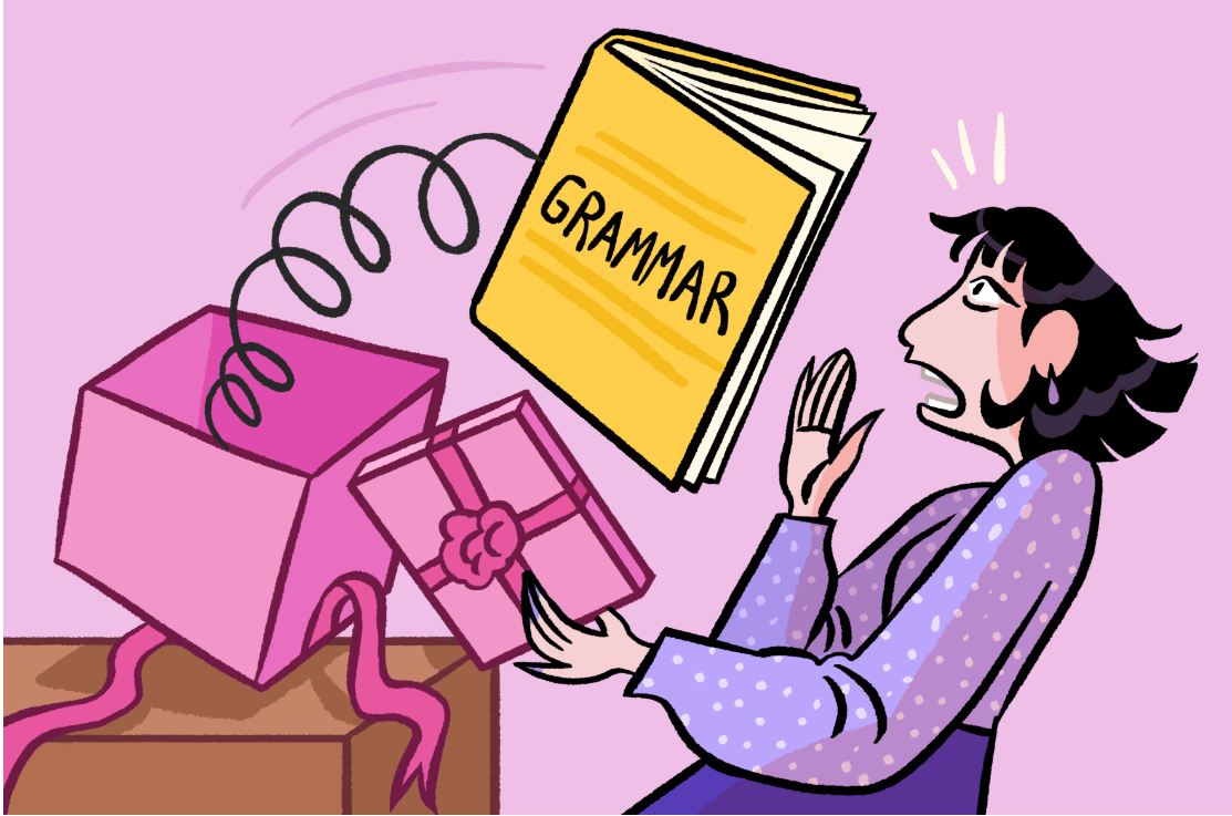 Sieviete pārsteigti reaģē uz no kastes izlecējušu gramatikas grāmatu.