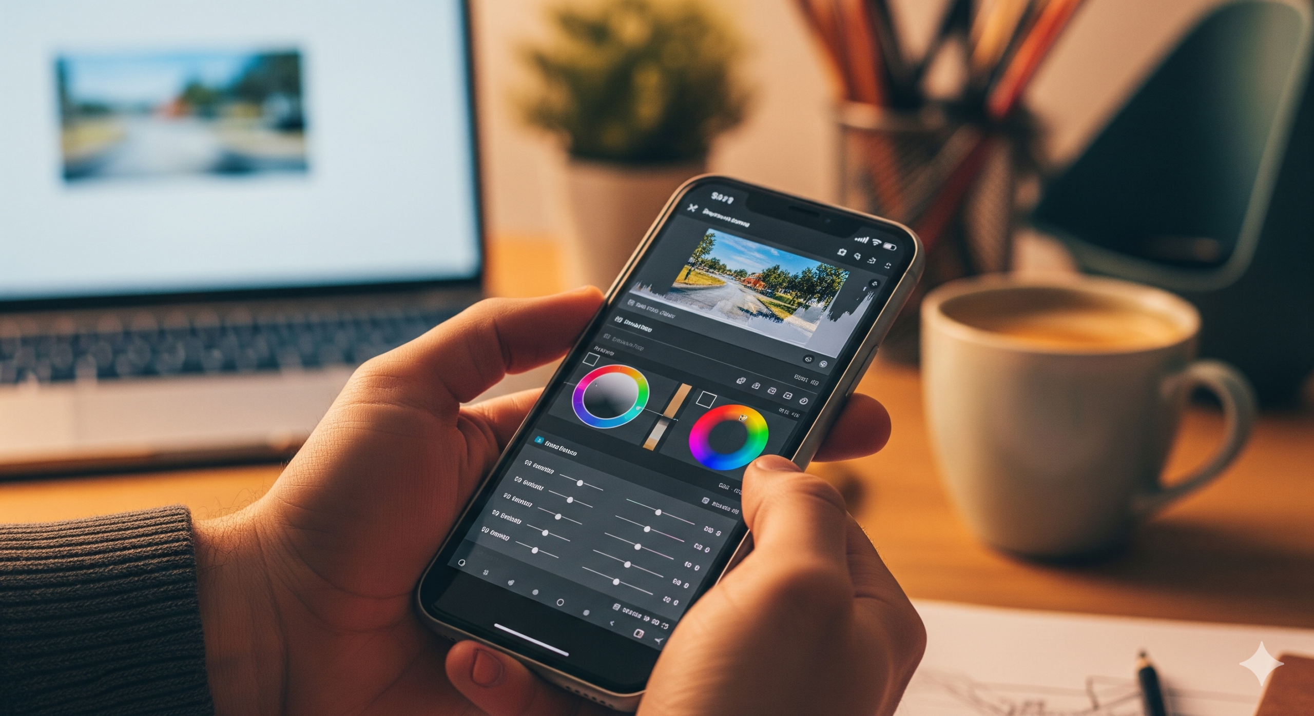Fotoattēlu apstrāde viedtālrunī, izmantojot modernas rediģēšanas aplikācijas.
