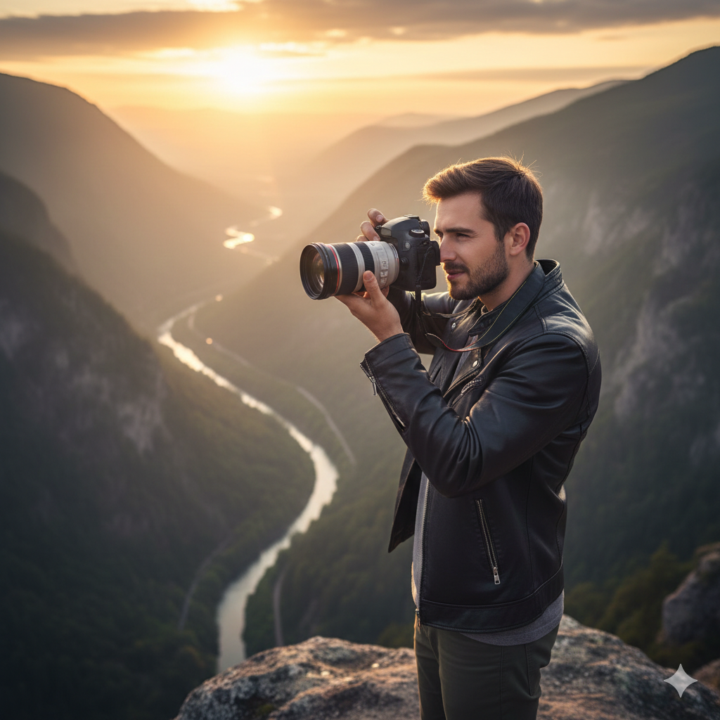 fotogrāfs bildē plašu un iespaidīgu ainavu kalnos