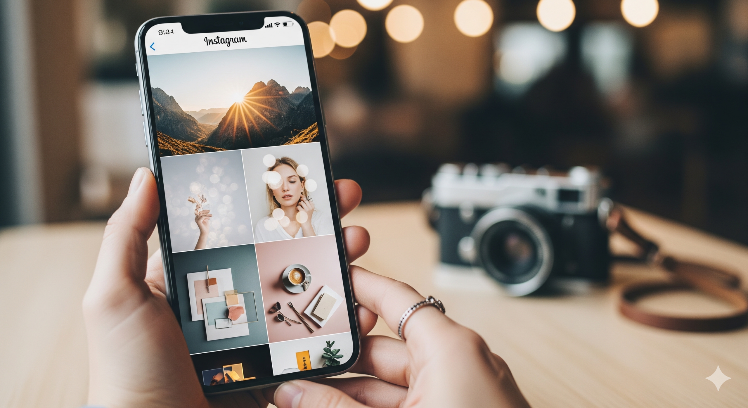 Viedtālrunis ar Instagram plūsmu un fotoaparāts uz galda.