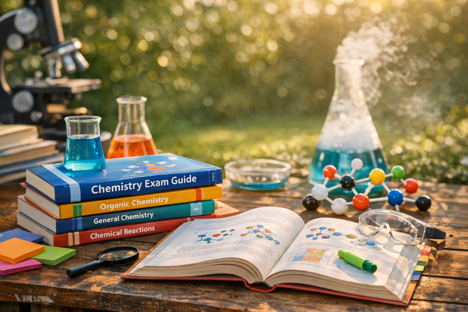 ķimijas darba galds dārzā ar grāmatām un laboratorijas piederumiem