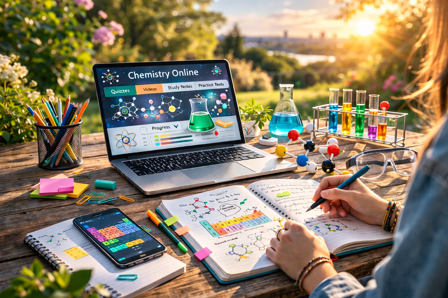 ķimijas studente mācās ķīmiju onlainā dārzā