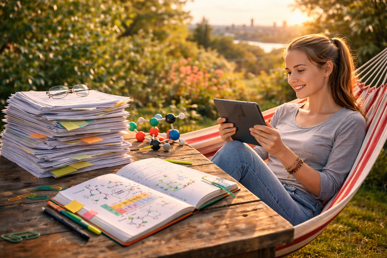 studente mācās ķīmijas eksāmenam uz planšetdatora, sēžot šūpuļtīklā saulainā dārzā