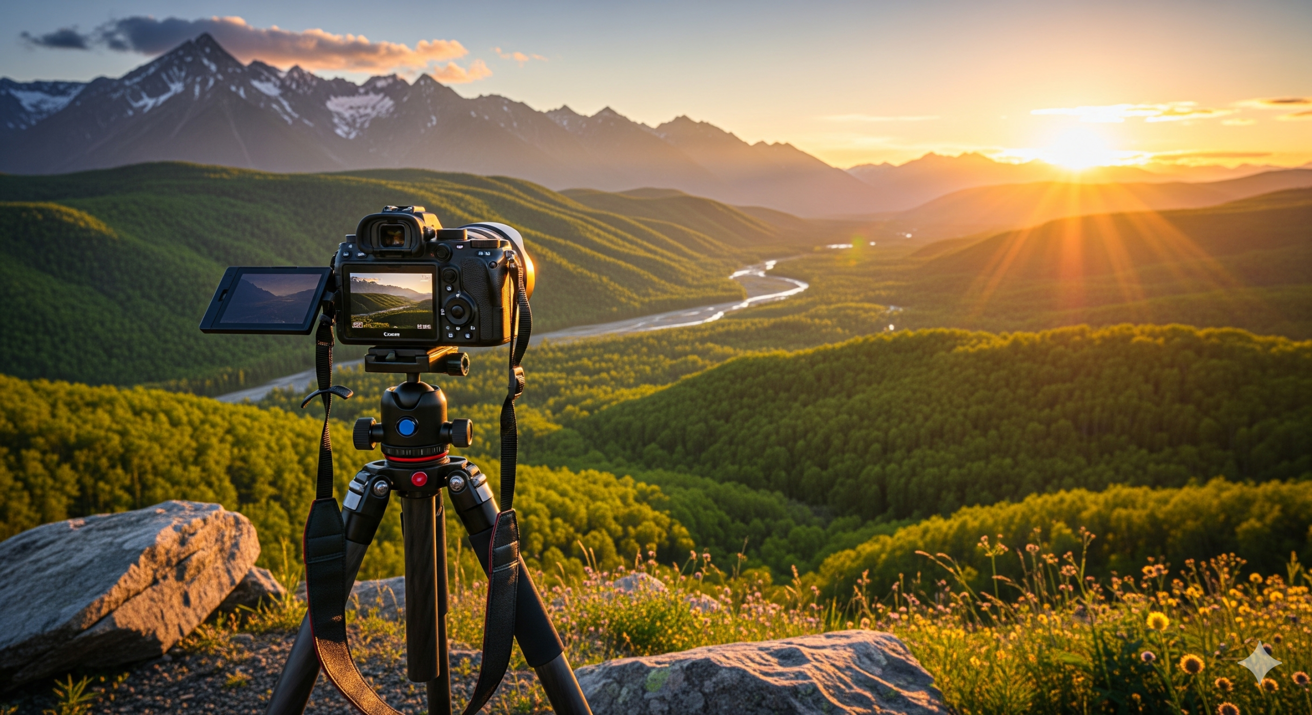 profesionālais foto aprīkojums skaistā dabas ainavā