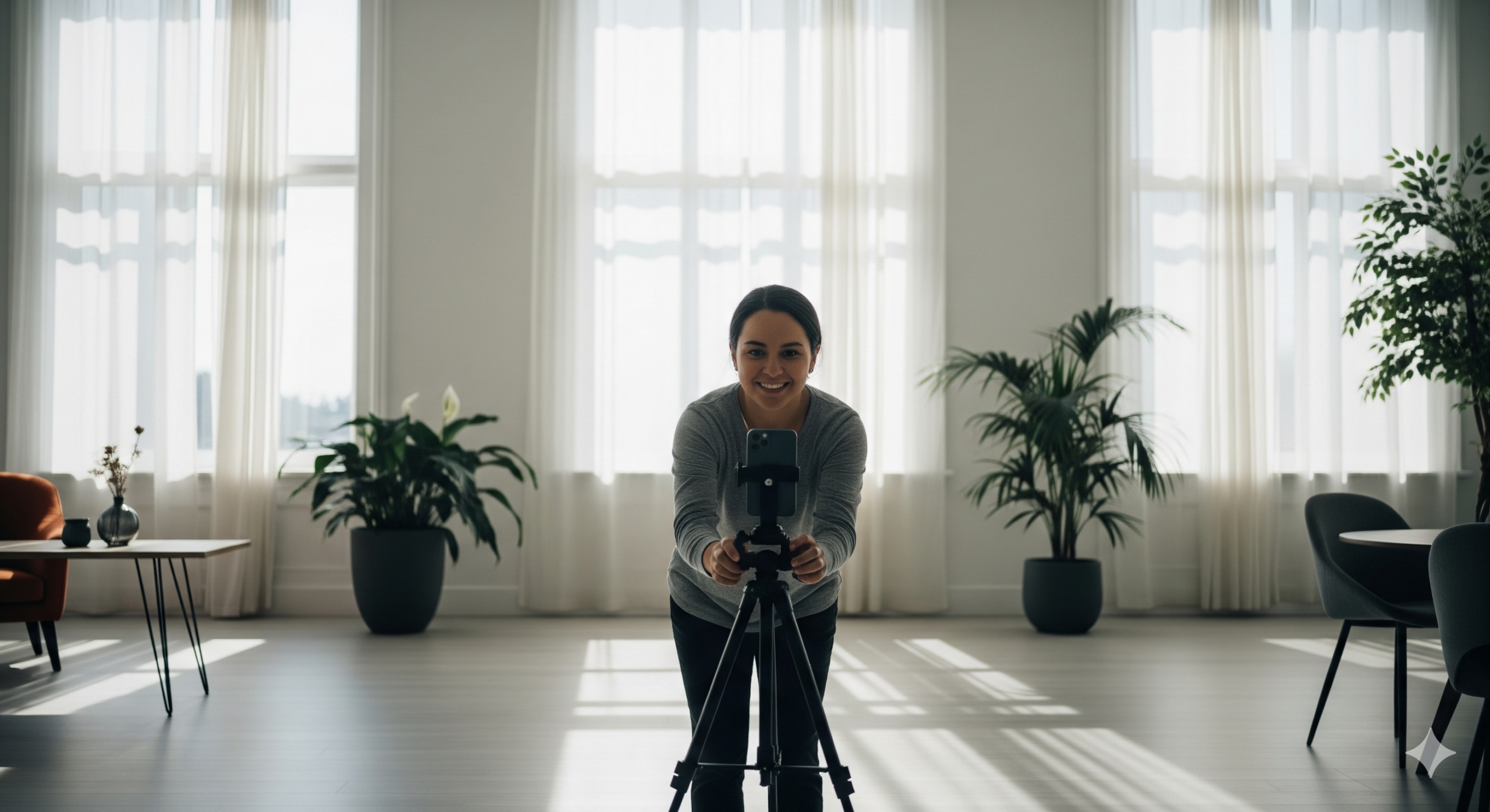 Sieviete uzstāda telefonu pašportretam gaišā, saulainā telpā.