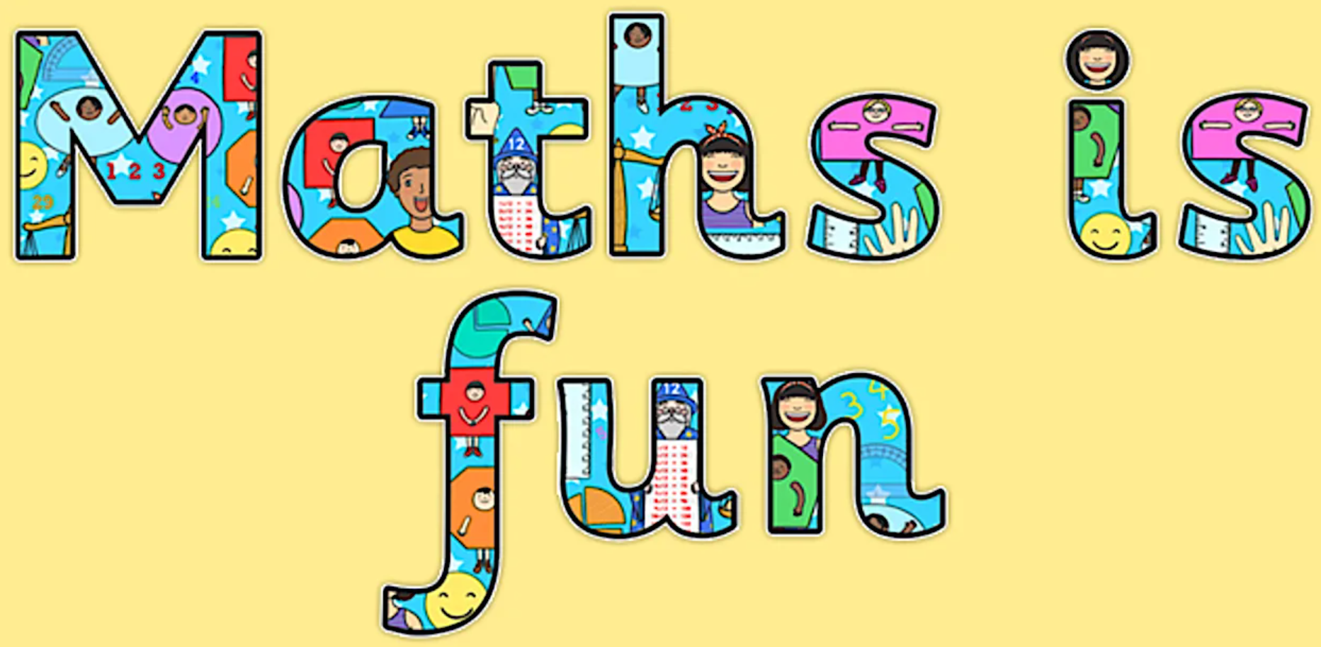 Krāsains uzraksts, kas attēlo matemātiku kā interesantu un aizraujošu.