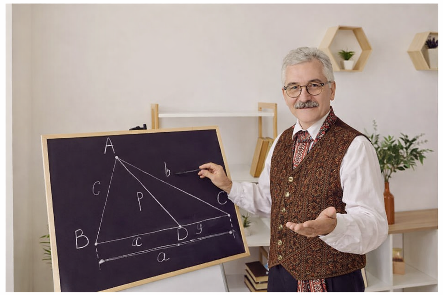 ģeometrijas skolotājs tāfeles priekšā