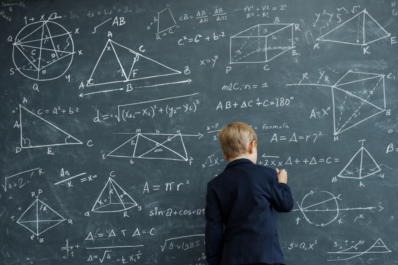 skolēns rēķina ģeometrijas uzdevumu pie tāfeles