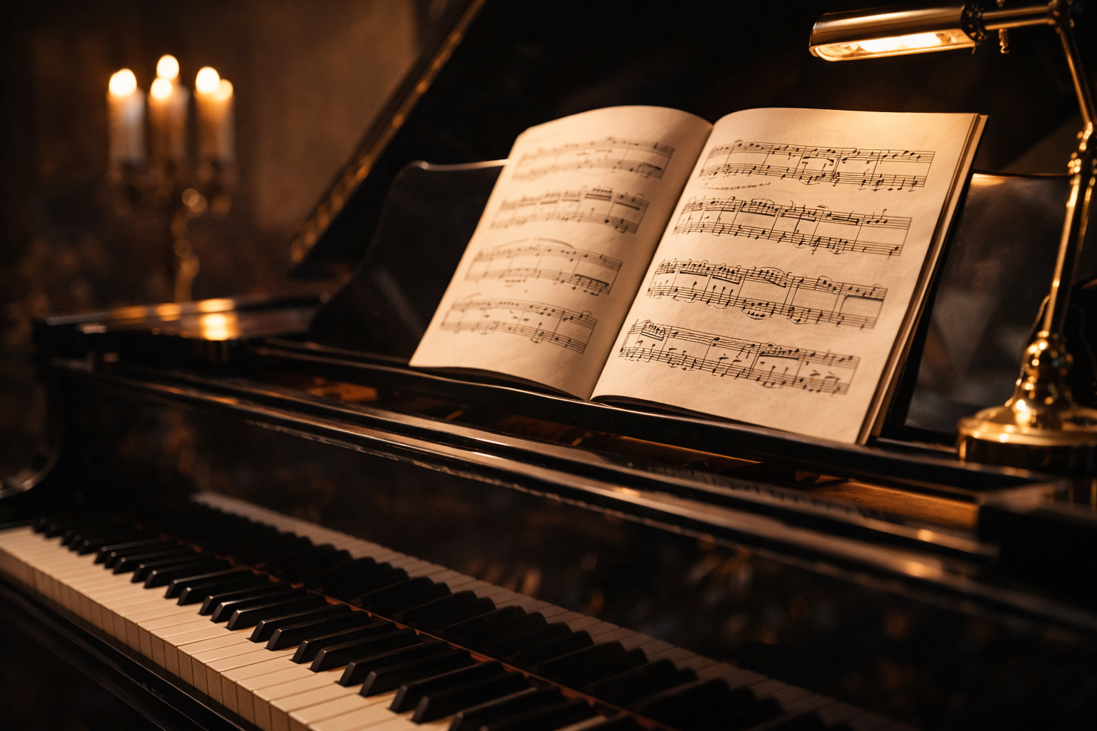 klavieres ar nošu partitūru sveču gaismā