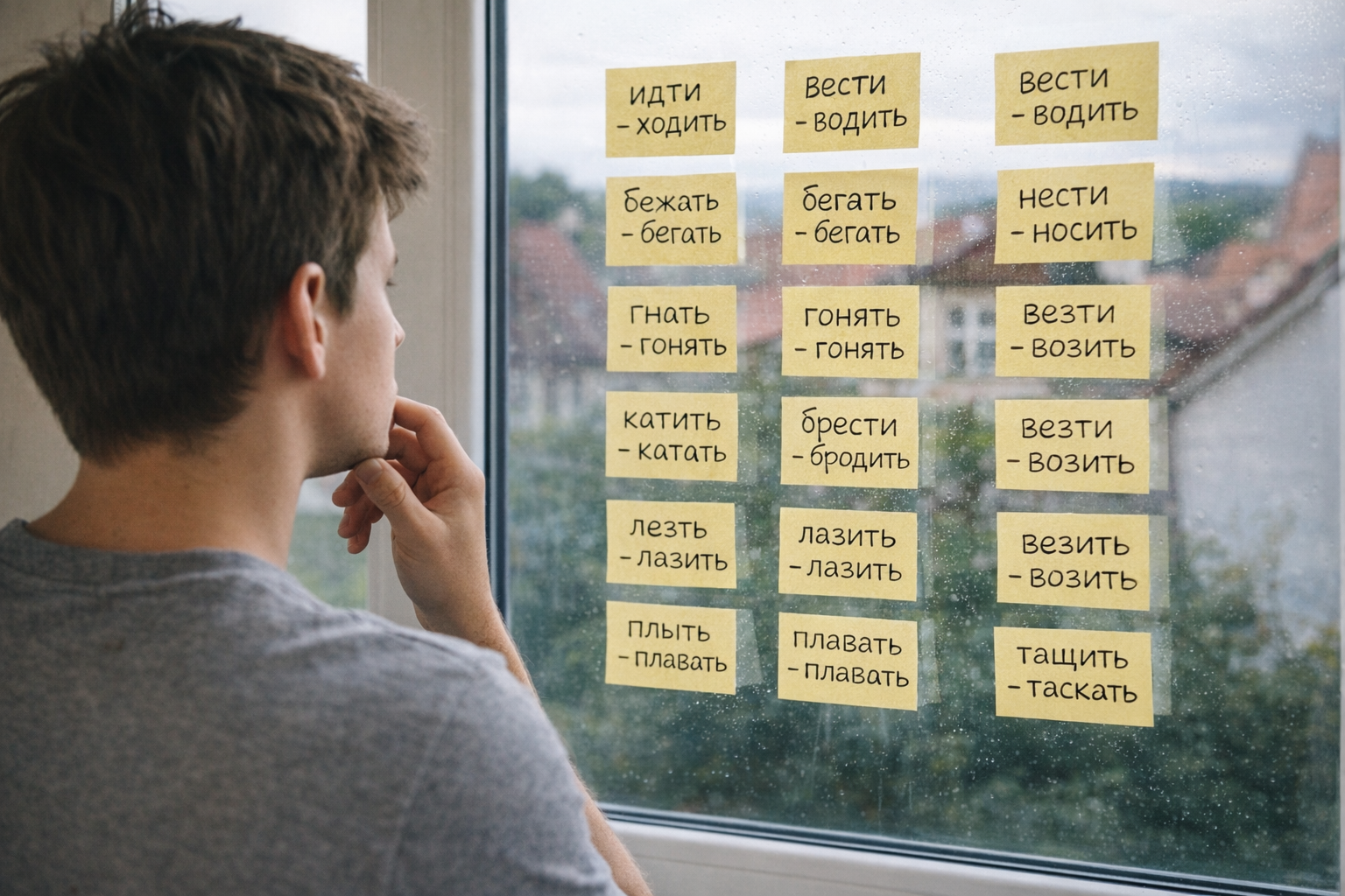 skolēns mācās darbības vārdu formas, kas uzrakstītas uz līmlapiņām